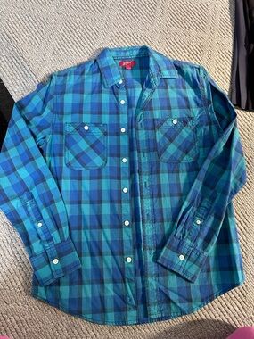 Arizona Jean Company Blue and Green Plaid Button-Down Shirt Vintage 100% cotton